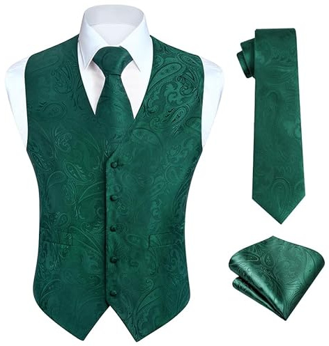HISDEREN Hommes Paisley Gilet Floral Jacquard cravate poche carre mouchoir fete de mariage affaires Fit gilet costume ensemble XS-6XL