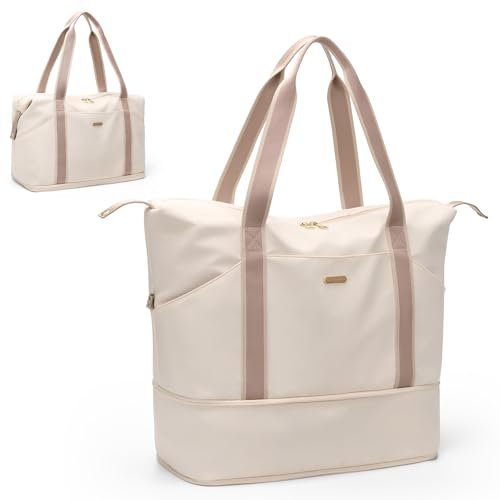 GOLF SUPAGS Groß Sporttasche Damen Reisetasche Handgepäck Wasserdichte Tragbar Reisetasche, Weekender-Tasche mit Erweiterbarem Platz, für Sport Und Reisen (Cremefarben)