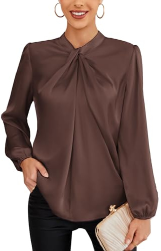 GRACE KARIN Camicetta a maniche lunghe da donna UK elegante vestibilità ampia collo annodato lavoro ufficio quotidiano top camicia, Marrone, XL