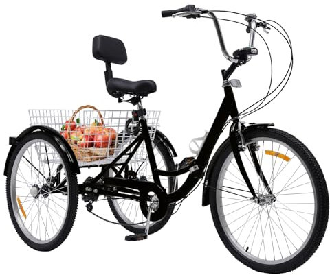 RUETERY Vuxen trehjuling, seniortrehjuling, vikbar trehjuling, 7-växlad cykel med korg, vattenkoppshållare, lämplig för vuxna.