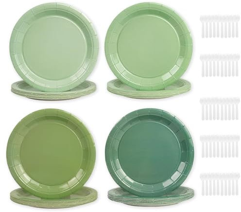 Jimkply 48 platos de papel para cumpleaños y fiestas, redondos, desechables, con 50 cucharas, juego de vajilla festiva para boda, fiesta de cumpleaños, 4 diseños diferentes (verde)