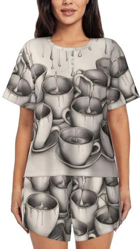 Pyjwyfmy Handritade tekannor och koppar tryck pyjamas set, kvinnor pyjamasset för sommaren, myskläder set med kyltyg, Svart, 3X-Large-5X-Large