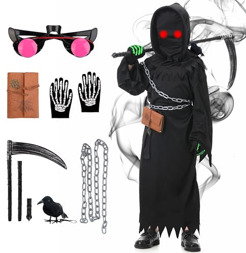 MOMOSTAR Costume Faucheuse Enfant, Halloween Faucheuse Déguisement Enfant avec Faux, Lunettes Lumineuses, Gants, Ceinture, Chaîne, Notebook et Accessoires Raven, Deguisement Halloween Garcon (M)