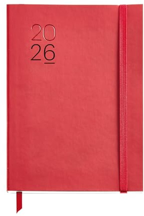 Miquelrius - Agenda 2026 día por página, Similar A5+ (155 x 213 mm), Planificación diaria, Cubierta flexible símil piel cosida, Papel 80 g/m², Español-EN-PT, Rojo