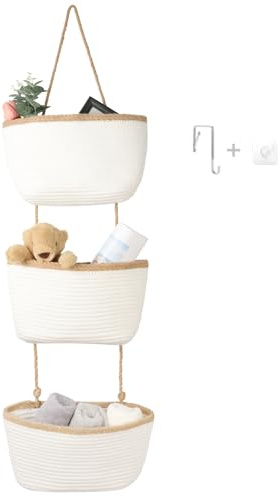 danpinera Over Door Hanging Organiser with 3 Woven Baskets, Rope Wall Hanging Basket for Bathroom, Bedroom, Nursery, Small Space Door Organizer, No Drilling Cabinet Alternative for Toys, white+Jute