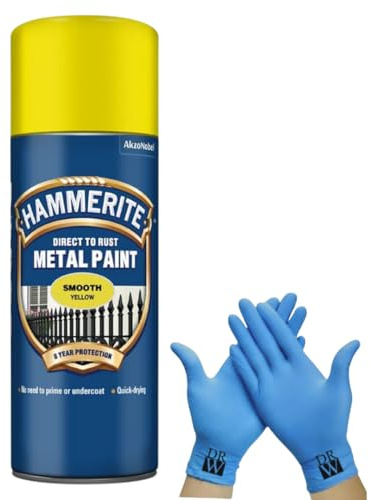 Hammerite Direct to Rust Metal Spray Paint Smooth Yellow 400ml + Free Nitrile Gloves | Fast-Drying Aerosol, Long-Lasting Rust Protection for Indoor & Outdoor Metal (YELLOW)