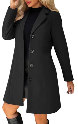 Wollmantel Damen Lang Winterjacke Revers Knopfverschluss Übergangsjacke Einfarbig Elegant Trenchcoat mit Taschen Winter Knielang V-Ausschnitt Wolljacke Bequem Casual Outdoorjacke Wintermantel