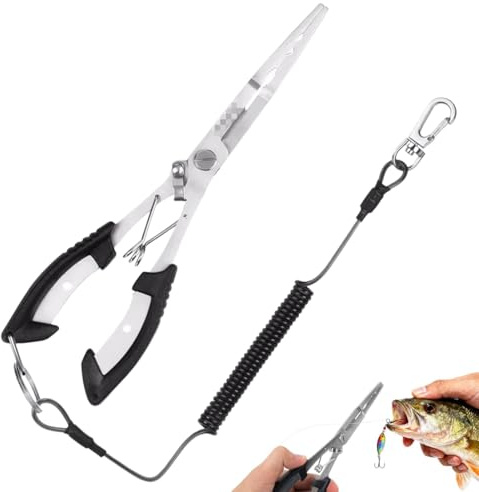 WUFKOP Alicates de Pesca en Acero Inoxidable, Multifunción con Tijeras Integradas y Cordón de Seguridad para Pescadores (Mar y Río)