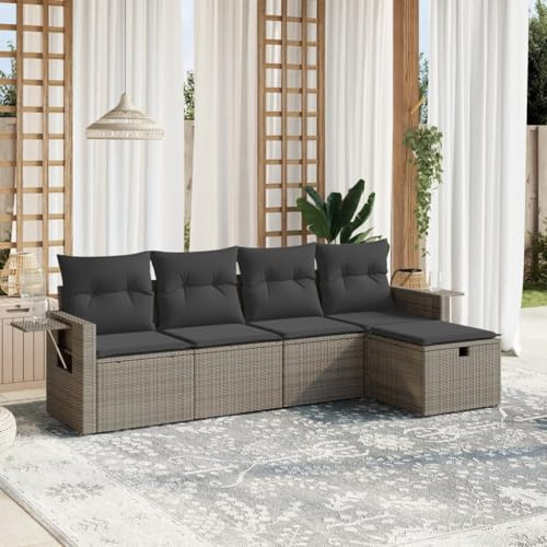 LoogCape Ensemble de canapé de jardin 5 pièces en polyrotin gris avec coussins - Groupe de sièges d'extérieur modulaire pour terrasse, balcon et jardin