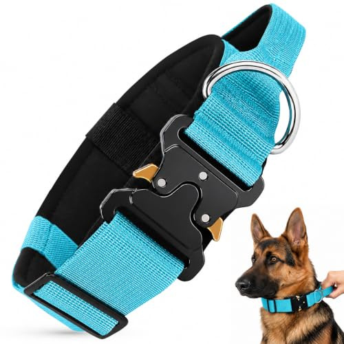 Taktiskt hundhalsband för medelstora stora hundar, breda, kraftiga blå hundhalsband med handtag och metallspänne, justerbart vadderat halsband för hundar, utomhuspromenader och träning (blå, M)