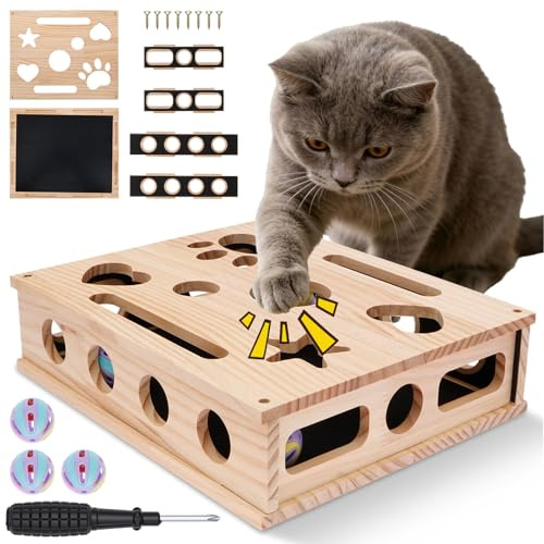 Rompecabezas rascador y caja de limas de uñas para gatos 2 en 1 – Cuidado de las uñas sin estrés y tabla interactiva de madera para gatos – Protección de muebles y juguete de inteligencia contra el