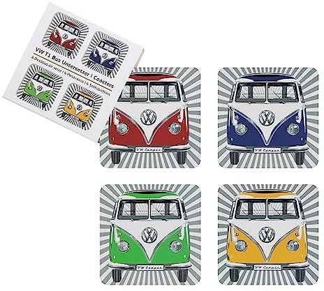 BRISA VW Collection Volkswagen Sottobicchieri per bevande in sughero con rivestimento in MDF Campervan T1 Bus design (Set di 4/Samba Stripes/Multicolore)