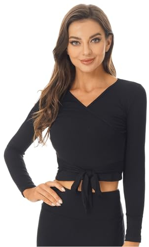 Kaerm Chaqueta de ballet para mujer, para gimnasia, danza, ballet, manga larga, chamarra de baile, cuello en V, cárdigan de danza, camiseta envolvente para mujer, tallas S-XXL, Negro , L