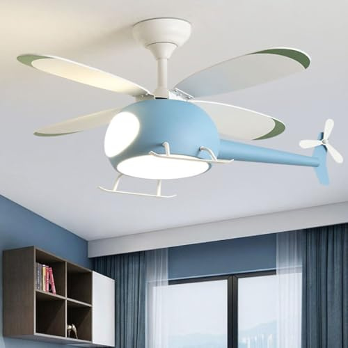 NIAOERFEN 42 inch Children's Bedroom Helicopter Model Ceiling Fan with Lights,Remote Control Speed,6-Speed Adjustment,Control Timing,Winter& Summer Positive & Negative, Blue