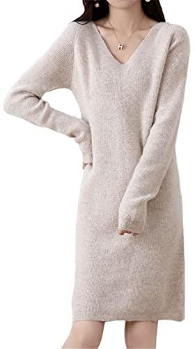 Disimlarl, vestito da donna in lana merino 100% con scollo a V, maglione casual a maglia elegante, Beige, XXL