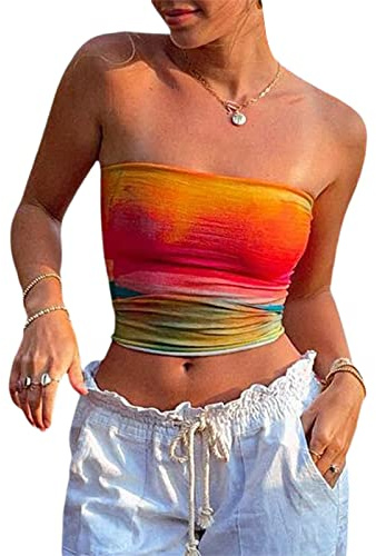 Yassiglia Y2K Top Bandeau para mujer, elegante, de tubo, para verano, sin mangas, hombros descubiertos, sexy, camiseta de tirantes, dulce, ajustada, para adolescentes y niñas, Naranja A., M