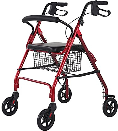 Rollator med 4 hjul för äldre och handikappade Fällbar och höjdjusterbar gångstativ Gåhjälp med korg och vadderad sits Dubbel komfort