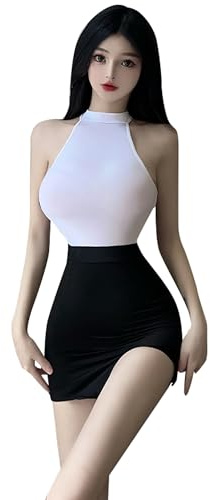SINMIUANIME Ensemble de lingerie sexy pour femme - Pour le bureau, le secrétaire - Uniforme coquine - Costume d'enseignant - Jupe courte avec chaussettes (8039 blanc noir)