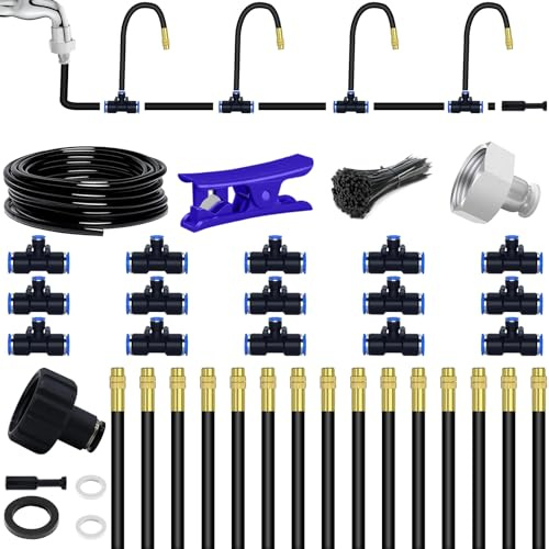 49,21 fot böjbar droppbevattningssats 360° justerbart automatiskt vattningssystem + 15 uppgraderade T-fogar + 15 dimmunstycken + kranadapter + installationsadaptrar för trädgårdsblomsäng (45 st)