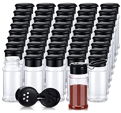 MARKELL 50 stycken glas av plast med strö lock, kryddbehållare, plastvattenflaskor, kryddströare, 100 ml, 3,3 oz/100 ml, svart