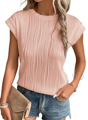 Gemulate Ladies Striped tee Shirt Summer Dressy Clothes Cap Sleeve Cruise Clothes for Women 2024 Casual Crewneck Shirts Office Tops Pink M