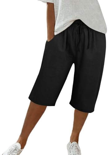 Short d'été décontracté en Coton et Lin avec Cordon de Serrage à la Taille et Poches pour Femme - Short de randonnée - Longueur Genou - Vêtement de détente Taille Haute - Pantacourt
