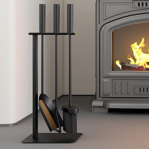 Kingson Kit di 4 attrezzi per camino, spazzola, pala, attizzatoio e supporto, 16 x 16 x 45 cm, accessori per caminetto, elegante set di accessori per caminetto