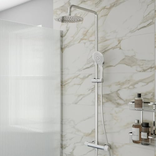 Baystone® Fluted Thermostatic Mixer Shower Set with Rainfall Head Adjustable Riser Rail Handset Hose Exposed Bar Valve Showers Round, Chrome