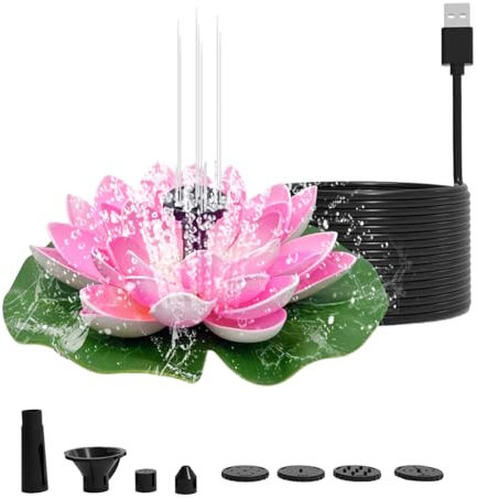 Water Lily Fuente Solar, Fuente Solar Jardin Exterior para Estanque De Peces, Estanque con Luces LED Y Poste De Soporte, Verano para Exteriores con Boquillas, 18x18cm, 1 Baño Pájaros, 8 Boquillas, C