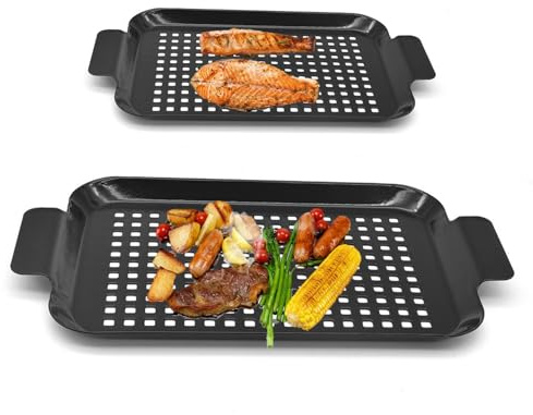 Grill Topper Non-Stick Stainless Steel BBQ Tray with Holes Outdoor Grilling Pans for Meat Vegetables Set of 2 (16.5 x10 and 13x7.4) (Black)