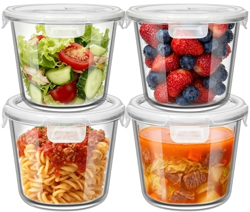 UHAPEER Glasbehälter mit deckel, Meal Prep Gläser 4er Set, Salatschüssel Frischhaltedosen Suppenbehälter to Go, Rund Glas Lebensmittelbehälter, Luftdichte Glasschüssel Vorratsdosen