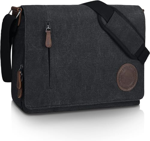 Leathario Umhängetasche Herren 15,6 Zoll, Messenger Bag aus Echtleder und Canvas, Arbeitstasche Studententasche Laptoptasche Zoll Schultertasche Kuriertasche Collegetasche Uni Studenten，Arbeit Schwarz