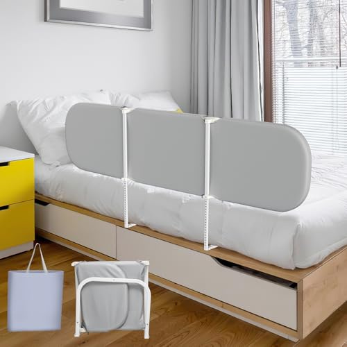 Peviasot Barrera de cama con protección anticaída de 180 cm, protección anticaída para cunas, barandilla de altura ajustable, barandilla de protección de cama plegable, gris