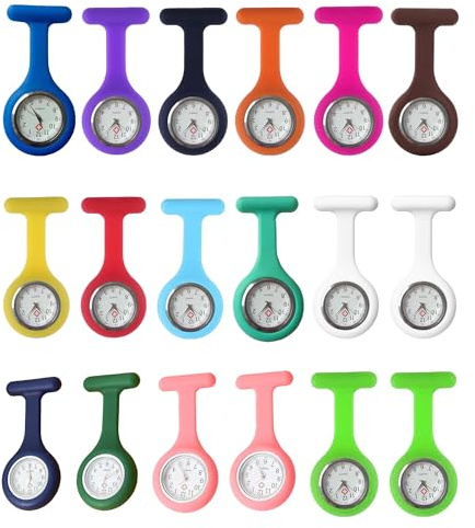 18 Pcs Clip on Nurse Watches for Women Men, Silicone Lapel Pin Pocket Fob Stethoscope with Second Hand Doctor Pocket Lapel Clip On Watches for Week Doctor Nurse Graduation Xmas Birthday Gifts