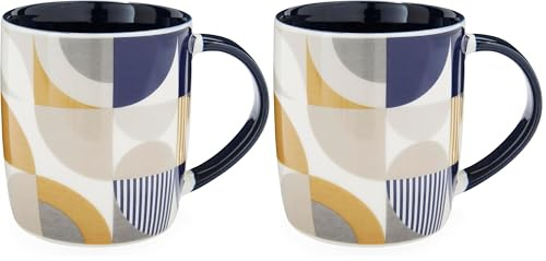 Cooksmart British Designed Barrel Coffee Mug | Ceramic Coffee Mugs for Home or Work | Large Mugs for Hot Drinks | Tea and Coffee Cups - Bauhaus Geo (Pack of 2)