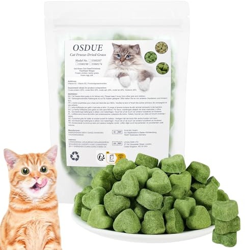 OSDUE 100g Gatta Liofilizzato, Erba Bastoncini da Masticare per Gatti, Snack Liofilizzato per Pulizia dei Denti con Pollo, erba d'orzo, tuorlo d'uovo congelato, per la Rimozione Delle Palle di Pelo