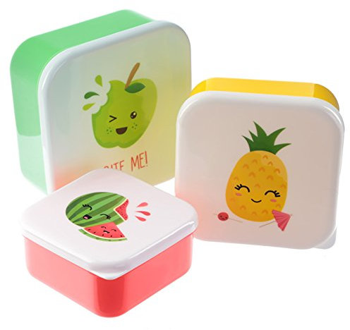 Set of 3 Plastic Lunch Boxes - Fun Fruit with Faces Design