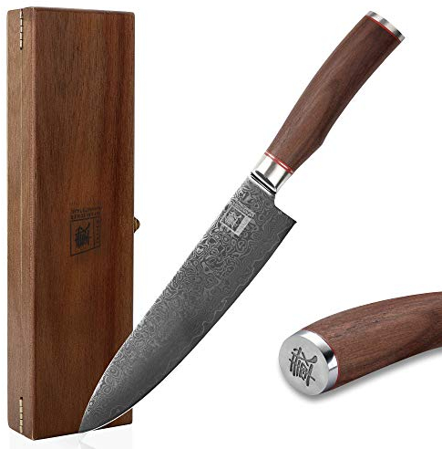 zayiko Kurumi Damastmesser Chefmesser I 20 cm Klinge aus 67 Lagen I Damast Küchenmesser und Profi Kochmesser aus echtem Damaststahl mit Griff aus Nussbaum und Holzbox