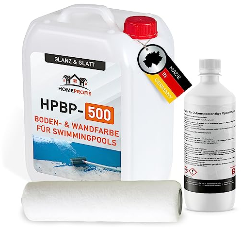 Home Profis® glänzende Swimming Pool Farbe Flüssigkunststoff inkl. Walze (5m²) | Über 30 Farben | Chlorbeständig | 2K Epoxidharz Schwimmbadfarbe | RAL 1015 Hellelfenbein | HPBP-500