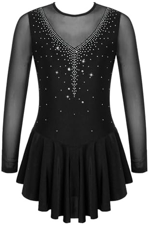 MSemis Vestito da Pattinaggio Artistico e Balletto per Bambina con Strass - Maniche Lunghe, Danza Classica, Patchwork - Abito da Ballo per Pattinatrice e Ballerina - Nero H 15-16 Anni