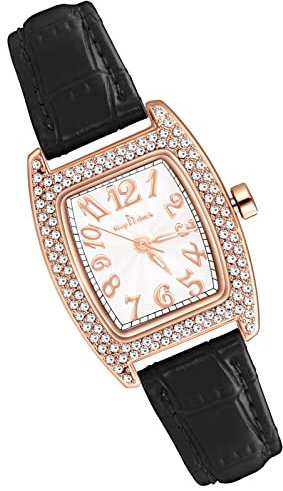 MicLee Montres Bracelet Femme Fille Montres Quartz à Cadran Carre Or Rose avec Strass Montre Luxe à Chiffres Arabes pour Dame Montre Etanche Bracelet Noir en Cuir