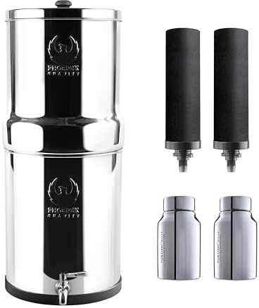 PHOENIX GRAVITY 6 Litre NSF Certified AISI 304 Stainless Steel Water Filter with 2 Smart Carbon (Black) Filters, 2 POSTreat Steel Fluoride Removal Elements, Free Water Tap (6 L)