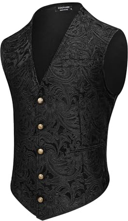COOFANDY Black Dress Vest for Men Halloween Suit Vest Paisley Jacquard V-Neck Suit Vests Victorian Tuxedo Waistcoat Vests