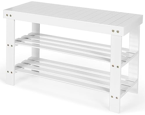 Multigot 3-Tier Shoe Bench, Bamboo Shoe Storage Organizer Seat, Shoe Rack Stand for Entryway Hallway Bedroom Living Room, Holds up to 6 Pairs (White)