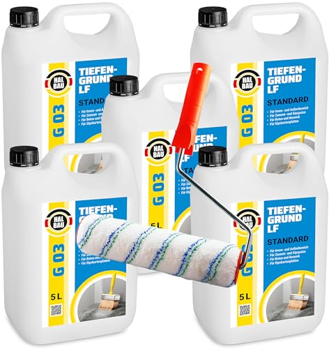 HALBAU Tiefengrund 25 L, Grundierungsmittel Innen Aussen, Tiefgrund für Putz, Farben, Tapeten + Farbroller 25cm mit Bügel Set G03