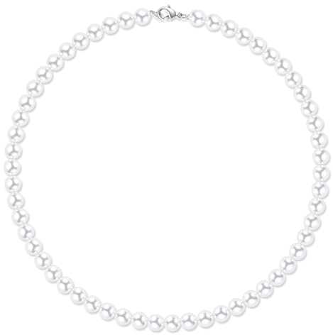 RWQIAN Collier Perles Blanc 8mm Acier Inoxydable Unisex 40cm Adult et Enfant