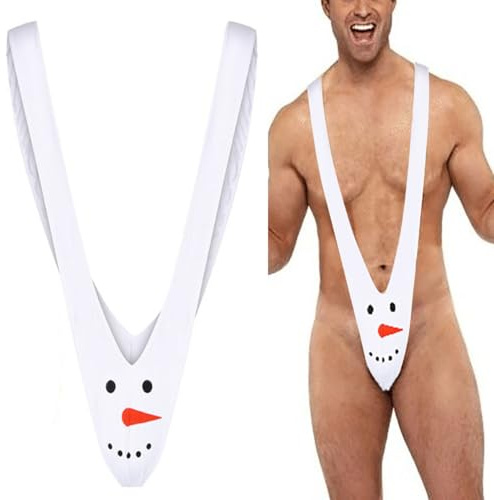 VemeFufu Men's Thong String Christmas Xmas Mankini Underwear for Men Sexy UK Hot Funny Snowman Costume for Birthday Valentine Christmas 1 Piece White Snowman