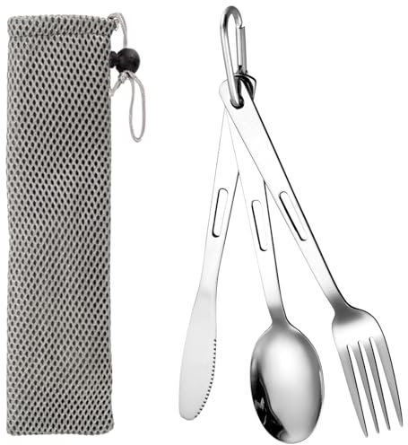 3 Pezzi posate da viaggio con Borsa Portaoggetti, argento,Set di Posate Acciaio Inox,set posate da viaggio,con coltello,forchetta,cucchiaio,lavabili(argento)