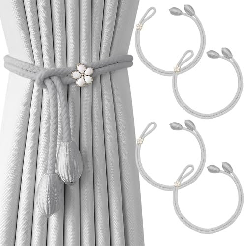 Curtain Tiebacks, 4 Pack Curtain Rope Buckle Elegant Boho Style Curtain Tiebacks Hand-Knitted Curtain Tie Backs for Home, Office, Living Room, Bedroom (Grey)