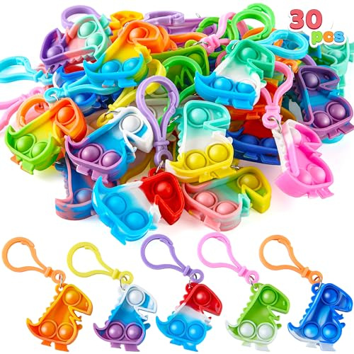 JOYIN 30 PCS Party Bag Fillers for Kids, Dinosaur Pop Kerings Mini Toys for Kids, Poppet Toy Stress Relief Squeeze Keychain Toys, Party Favors Gifts for Boys and Girls